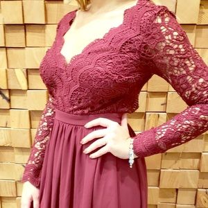 Burgundy Long Sleeve Lace Maxi